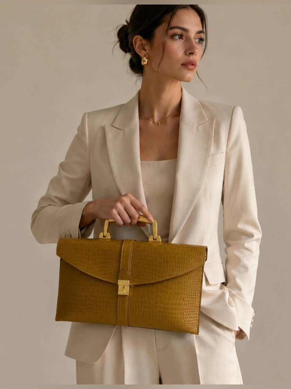 SUDHAUS - Vintage Briefcase Croc-Embossed Tan Leather HandBag. Pls Review Pics